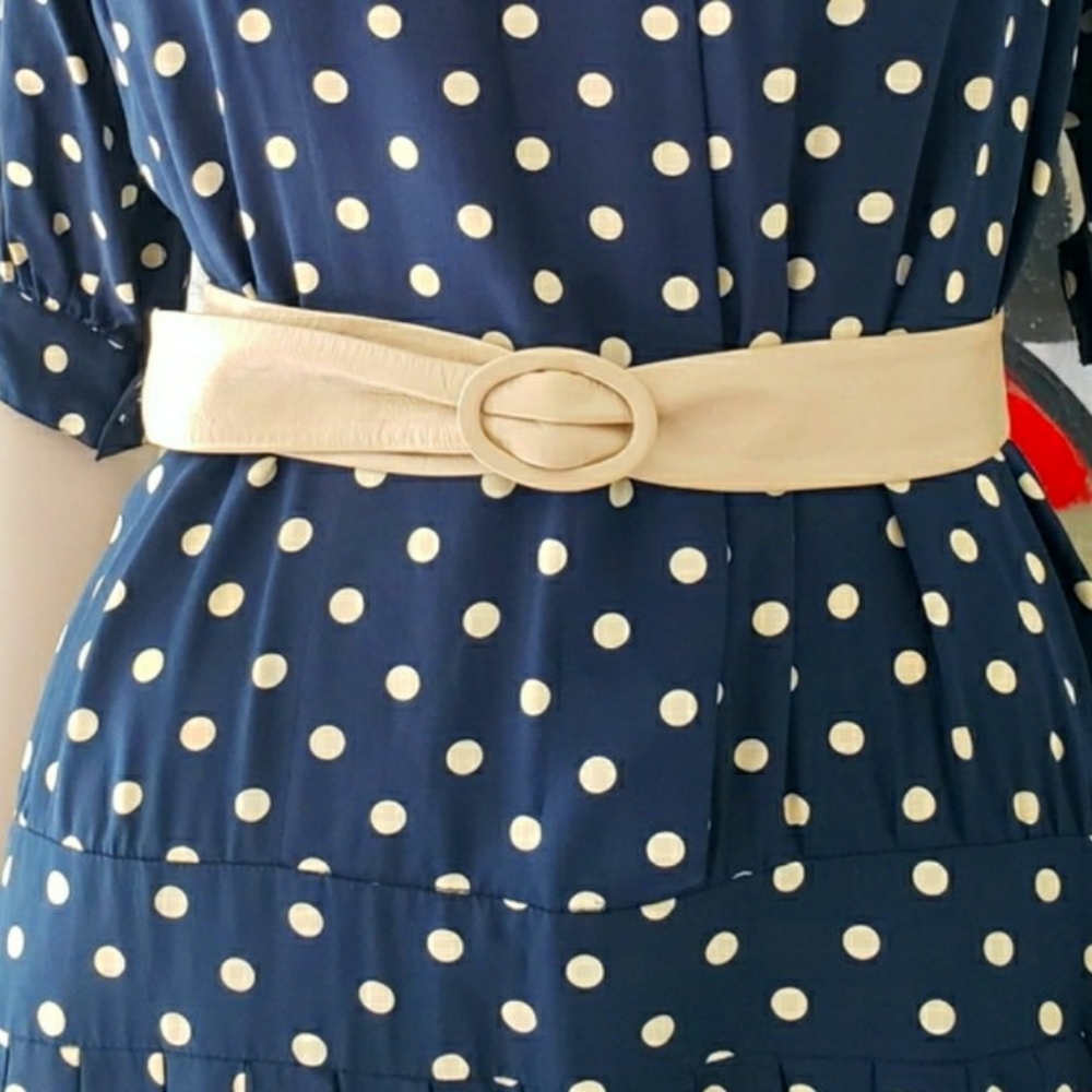 Albert Nipon | Silk Polka Dot Dress with Tie and Pleated Detail - Picture 15 of 16